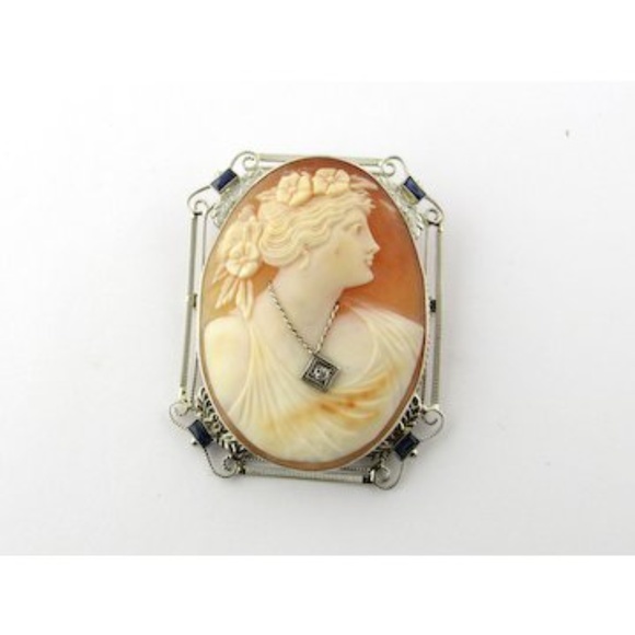 Vintage 14K White Gold Diamond Synthetic Sapphire Cameo Brooch Pendant #1545